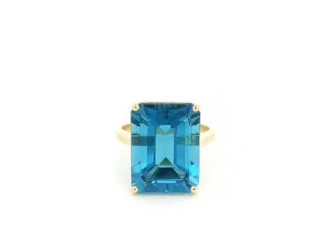 14.60 carat emerald cut London Blue Topaz solitaire ring in 18K yellow gold