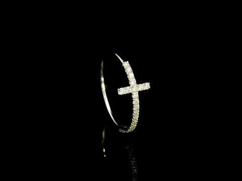 Diamond cross ring in 18K white gold featuring round brilliant diamonds set across the cross and along the slender band.