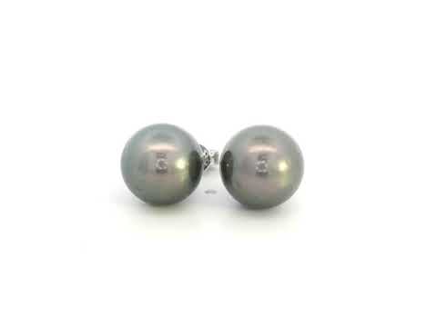 Tahitian black pearl stud earrings in 18K white gold featuring South Sea pearls by Emirates Diamonds