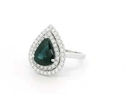 Blue Sapphire & Diamond Double Halo Ring in 18K White Gold