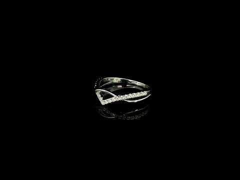 18K white gold diamond crossover ring with curved V shaped design