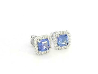 18K white gold square emerald-cut tanzanite and diamond halo stud earrings – Emirates Diamonds