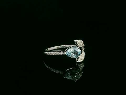 18k white gold ring with 0.69ct pear aquamarine & 0.15ct diamond-accented leaves – certificate included