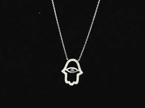 Diamond Hamsa evil eye pendant necklace in 18K white gold with black diamond center by Emirates Diamonds
