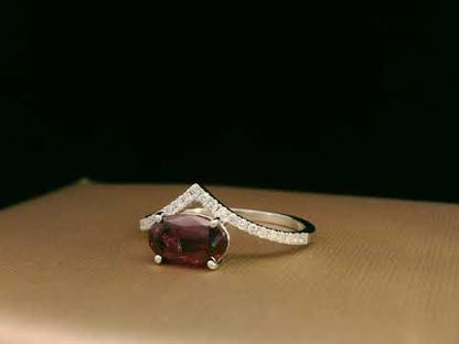 18K White Gold Oval Rhodolite and Diamond Wishbone Ring