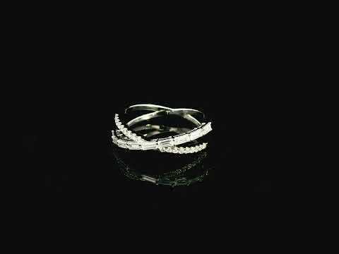 Baguette and round diamond crossover ring in 18K white gold criss-cross design Emirates Diamonds