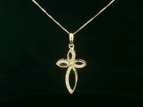 Elegant 18K gold cross pendant with pavé-set diamonds, featuring marquise-shaped curves and 0.10 carat diamond accents.