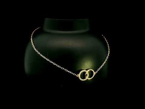 18K yellow gold diamond circle bracelet with two interlocking rings, featuring one polished gold circle and one round diamond-set circle