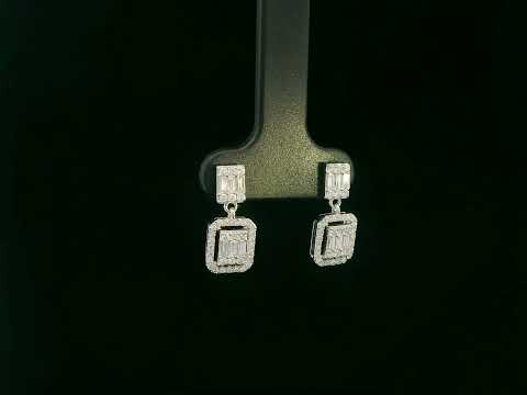 18K white gold diamond drop earrings with baguette-cut center and halo setting – Emirates Diamonds