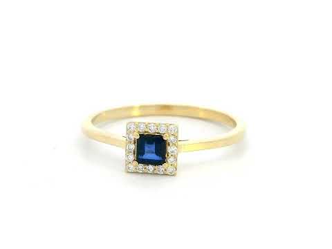 18K gold ring with square-cut 0.25 carat sapphire and diamond halo – minimal and elegant design