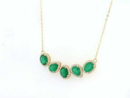 18k Yellow Gold Emerald Necklace with 3.33ct Pear & Oval Emeralds and 0.38ct Diamond Halo Accents, Elegant Statement Fine Jewelry