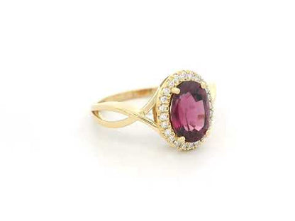 18k Yellow Gold, Oval Shape Rhodolite & Diamond Halo Ring