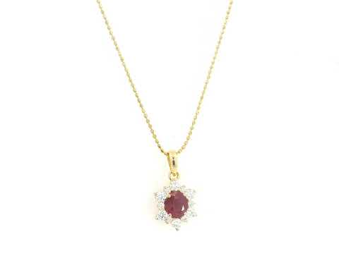 18K yellow gold oval ruby halo pendant featuring a 1.09 carat natural ruby surrounded by 0.48 carat natural diamonds in a floral-inspired halo design, supplied without a chain.