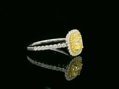 Fancy Yellow Diamond Engagement Ring in 18K White Gold | Cushion Cut Center Stone with Double Diamond Halo