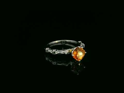Cushion-cut citrine and diamond ring in 18K white gold, 0.92 carat citrine with diamond halo and openwork shoulders, luxury design by Emirates Diamonds