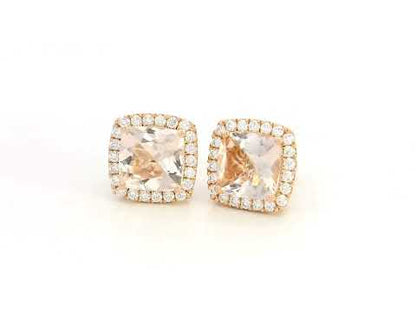 18K rose gold cushion-cut peach morganite and diamond halo stud earrings, 2.43ct morganite and 0.36ct diamonds – Emirates Diamonds
