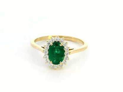 18k Yellow Gold Oval Emerald Ring with Diana-Style Diamond Halo - 0.79ct Emerald