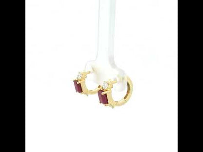 18K Yellow Gold Ruby Hoop Earrings with Natural Diamonds