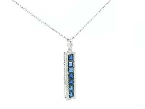 Square-cut sapphire and diamond bar pendant in 18K white gold