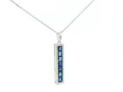 Square-cut sapphire and diamond bar pendant in 18K white gold