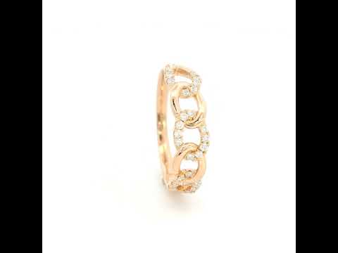 18K rose gold diamond loop ring with repeating polished and diamond-set curved motifs.