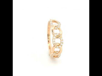 18K rose gold diamond loop ring with repeating polished and diamond-set curved motifs.