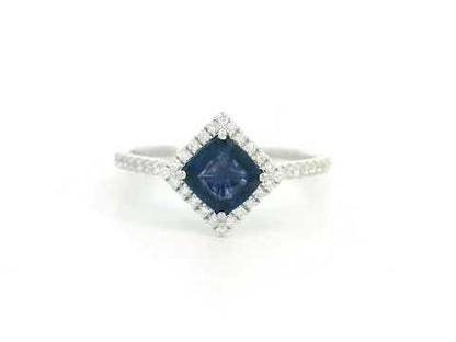 18K White Gold Blue Sapphire Ring with Diamond Halo –