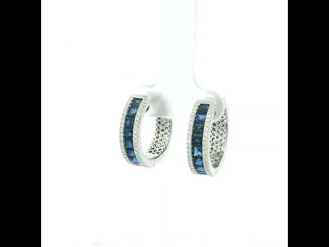 18K white gold sapphire and diamond hoop earrings with square-cut blue sapphires and round diamond borders
