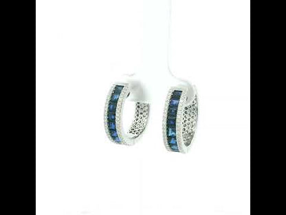 18K white gold sapphire and diamond hoop earrings with square-cut blue sapphires and round diamond borders
