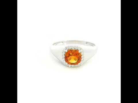 18K white gold cushion citrine halo ring with natural diamond surround and polished tapered band
