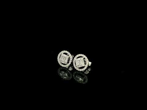 18K white gold emerald cut illusion diamond stud earrings featuring round and baguette natural diamonds with a sparkling round diamond halo and secure butterfly backs.