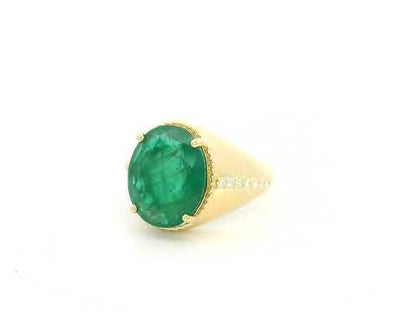 18K Yellow Gold Natural Oval Emerald Ring featuring a 5.59 Carat Emerald with 0.20 Carat Natural Diamond Accents