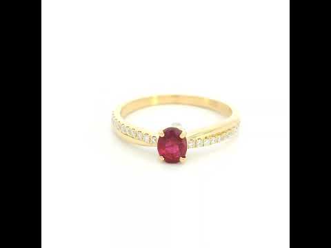 18K Yellow Gold Ruby Solitaire Ring with Natural Oval Ruby and Diamond Band