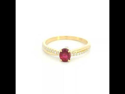 18K Yellow Gold Ruby Solitaire Ring with Natural Oval Ruby and Diamond Band