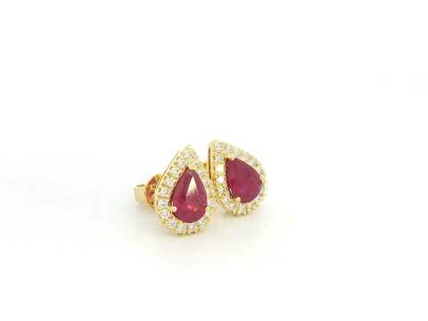 18K yellow gold ruby stud earrings with pear-shaped 1.58ct rubies and 0.28ct diamond halos – Emirates Diamonds