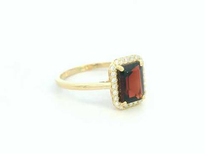 18k Yellow Gold, Emerald Cut Garnet & Diamond Halo Ring –