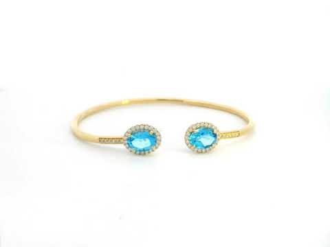 18K Yellow Gold Swiss Blue Topaz & Diamond Bangle with Oval-Cut Gemstones and Halo Diamonds – Elegant Open Cuff Bracelet.