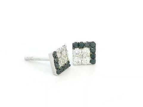 Square stud earrings with black and white round diamonds in 18K gold with push-back closure
