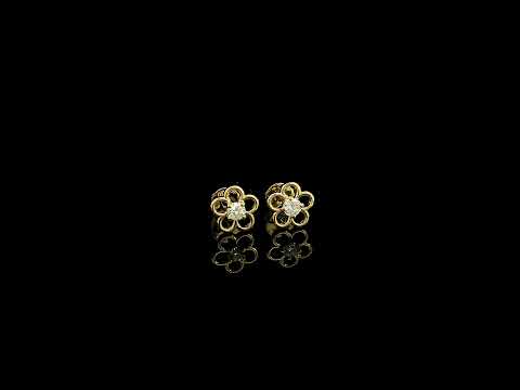 18K yellow gold flower diamond stud earrings featuring round brilliant natural diamonds in a delicate open floral design.