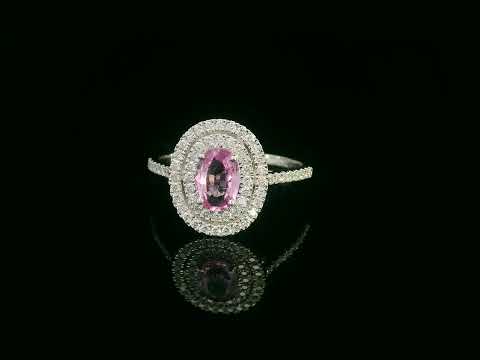 18K white gold pink sapphire double halo diamond ring with pavé band – Emirates Diamonds
