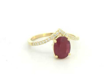 18K Yellow Gold Oval Ruby and Diamond Wishbone Ring