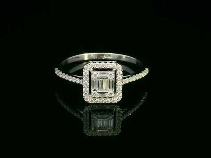 Emerald-Shaped Cluster Engagement Ring in 18K White Gold | 0.34 Carats of Round and Baguette Diamonds