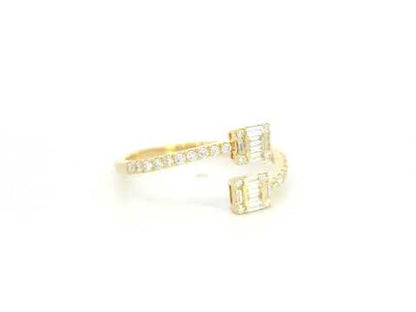 18K yellow gold open bypass ring with baguette and round diamond clusters, modern diamond ring by Emirates Diamonds