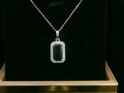 18K Gold Emerald -Cut Sapphire & Diamond Halo Pendant – 1.92 CT Sapphire, 0.31 CT Diamonds