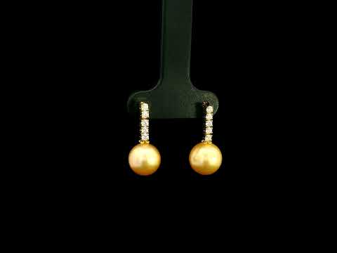 South Sea golden pearl and diamond earrings in 18K yellow gold with diamond-set bars and round golden pearls