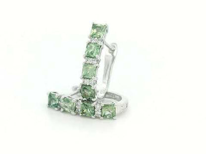  18K white gold hoop earrings with princess-cut green sapphires and round diamonds