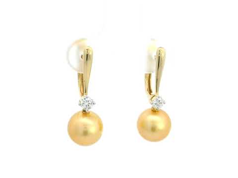 Elegant South Sea Golden Pearl Earrings in 18K Gold with Diamonds