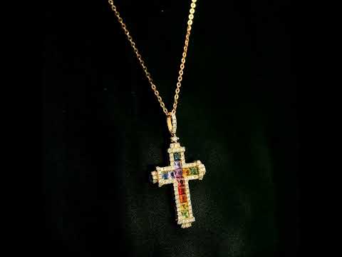 Multicolour sapphire and diamond cross necklace in 18K rose gold with colourful sapphires, diamond border and diamond-set bail.