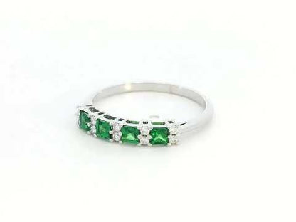 Princess-cut tsavorite and diamond ring in 18K white gold, elegant January birthstone jewelry.