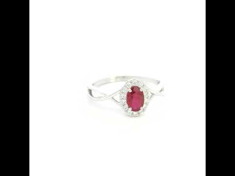 18K White Gold Ruby Halo Ring with 0.52 Carat Oval Ruby and Natural Diamond Halo